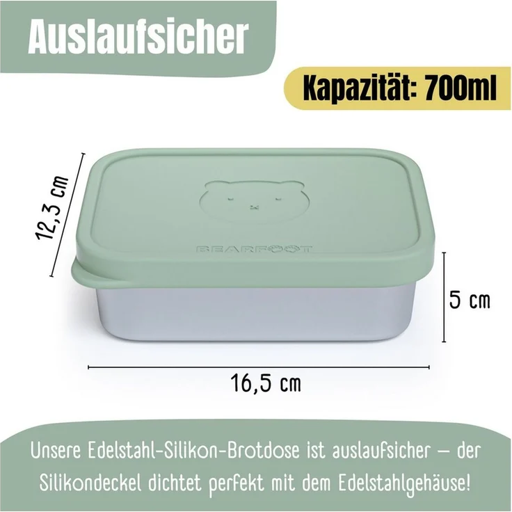 BEARFOOT Lunchbox Brotdose Kinder Edelstahl mit Silikoneinsatz - Salbei, Kindergarten und Schule - Mädchen und Jungen, Vesperbox, Snackbox – Bild 3