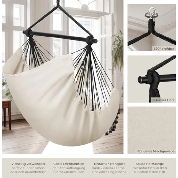 tectake Hängesessel Malika, Beige, Ultrabequemer Hängesitz im Boho-Style mit Kissen, Bücherfach und Getränkehalterung, 100x150x150 cm – Bild 4