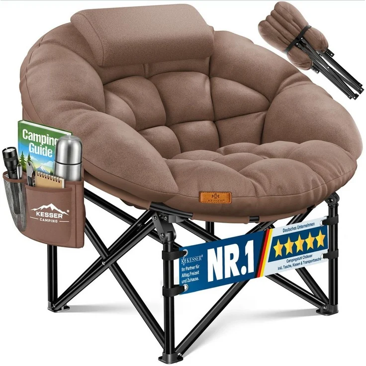 KESSER 'Chillexer' Campingstuhl, faltbar, 150 kg, mit Kissen, Seitentasche & Cover, Outdoor + Indoor, Braun, 110 x 110 x 110 cm – Bild 1