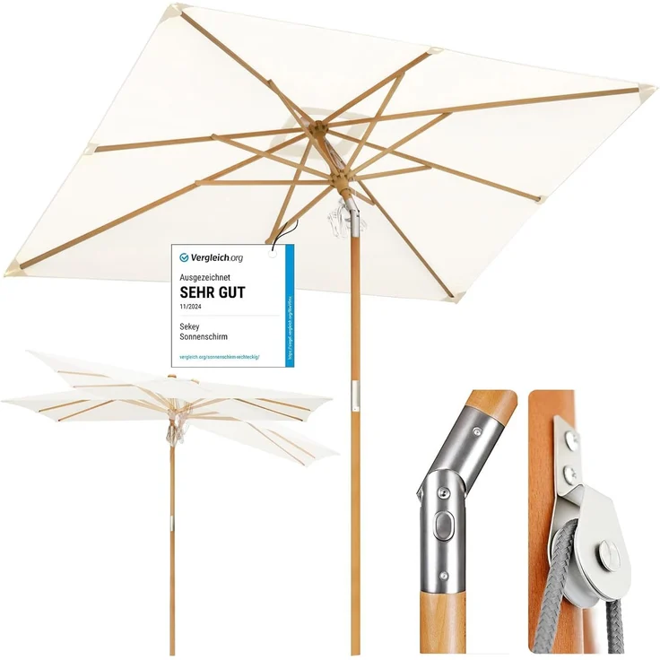 Sekey Sonneschirm 200x300 cm Holz-Sonnenschirm Marktschirm Gartenschirm Terrassenschirm UV50+ – Bild 1