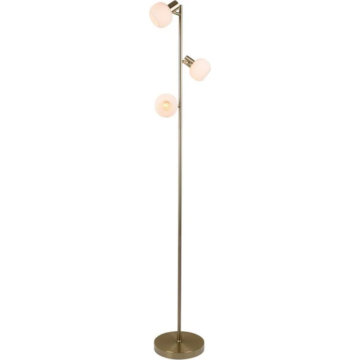 näve Stehlampe Learta, ohne Leuchtmittel, 3er Spot, exkl. 3x E14, messing matt, Glasschirme weiß opal, H: 154cm – Bild 3