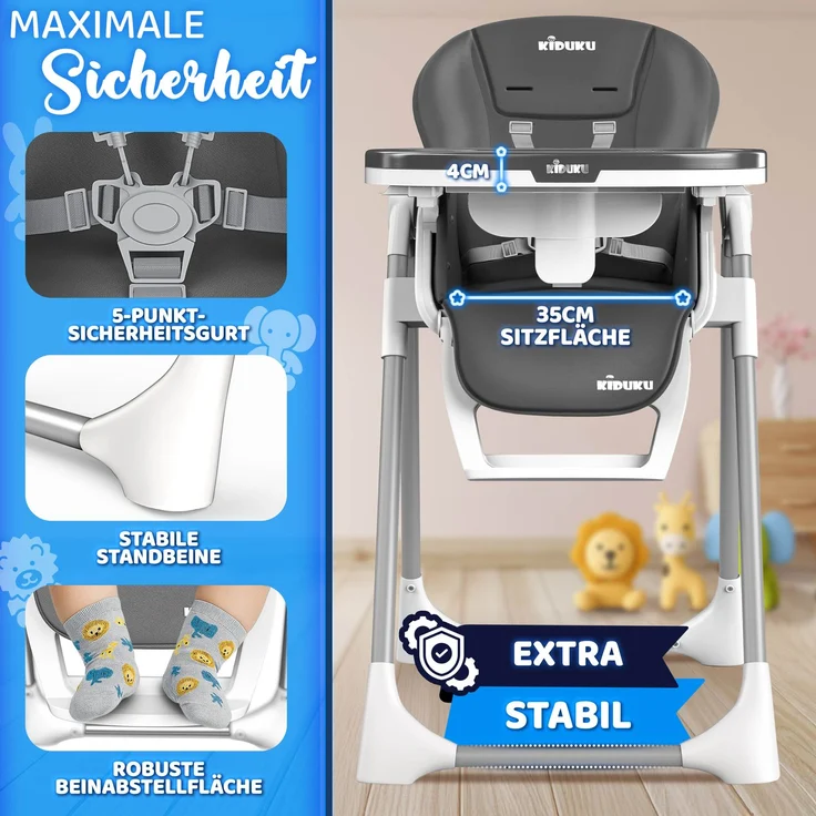 KIDUKU® Hochstuhl Baby 3in1 mit Neugeborenenaufsatz + Lätzchen, Spielbogen & Tisch | Kinderhochstuhl klappbar mit Liegefunktion | Kombihochstuhl höhenverstellbar | Babystuhl mitwachsend 0-36 Monate – Bild 5
