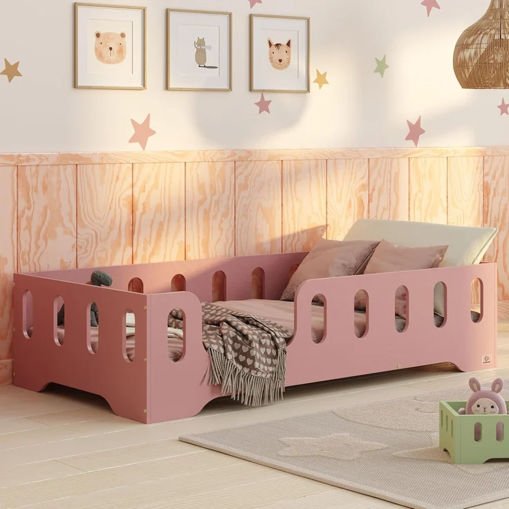 smartwood Kinderbett Bodenbett 100x190 mit Rausfallschutz & Lattenrost - Rosa - Kinder Montessori Bett TILA 2L mit glatten Kanten - Betten für schnelle Montage - Bis 230 kg belastbar – Bild 1