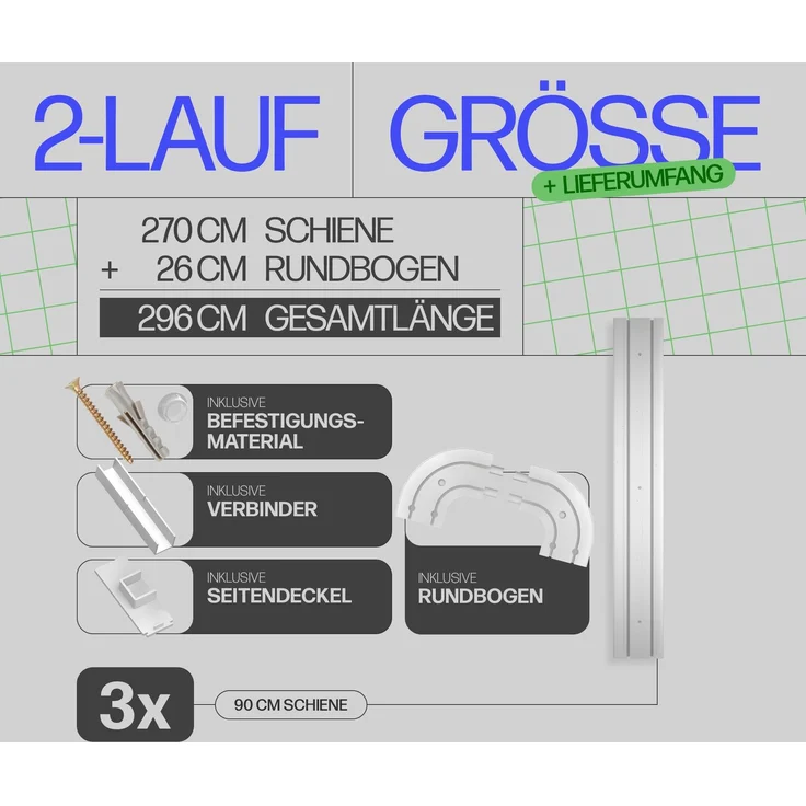 Bestlivings Gardinenschiene ( Weiß ) 270cm (3x90 cm) 2-läufig + 2er Set Rundbogen – Bild 3