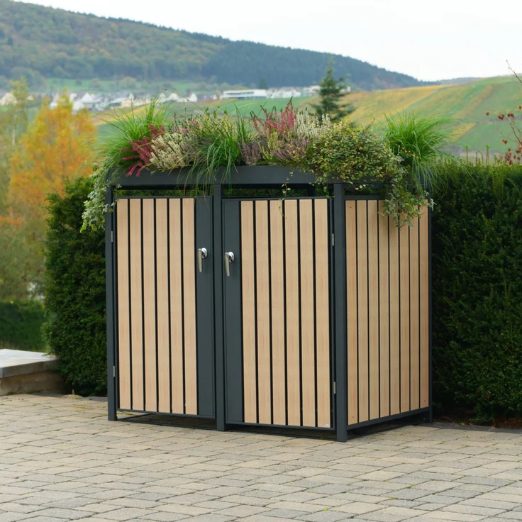 Zelsius Mülltonnenbox mit Pflanzdach für 4 Tonnen, 120 - 240 Liter, Verzinkter Stahl / Holzoptik RAL 7016, 264x80x124 cm – Bild 6
