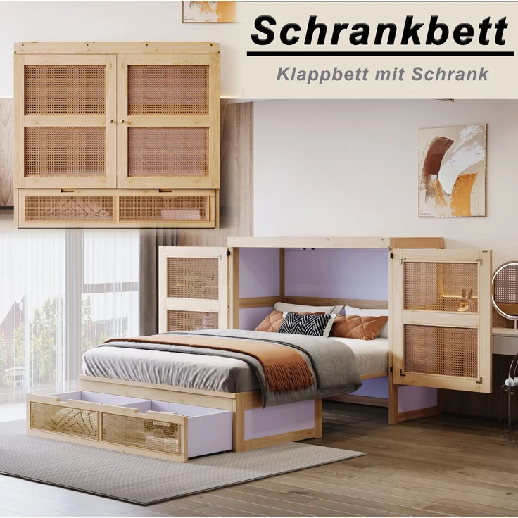 CHICFURN Bett aus Holz in Naturholz 140x200 cm mit Stauraumschubladen und Rattan-Design – Bild 4