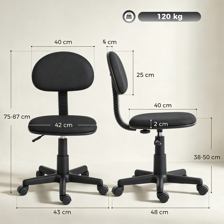 Rayofly-Schreibtischstuhl ohne Armlehnen, höhenverstellbar, 360° Drehrollen, niedrige Rückenlehne, Schwarz, H 87 cm x T 48 cm x B 15 cm – Bild 4