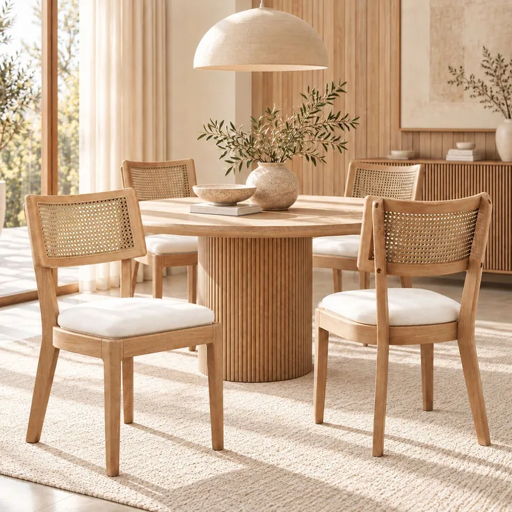 4 Esszimmerstühle aus Massivholz mit Rattan-Rückenlehnen, bequem und atmungsaktiv, geeignet für Esszimmer, Wohnzimmer, Cafés, moderner Stil, Leinen, Holzfarbe