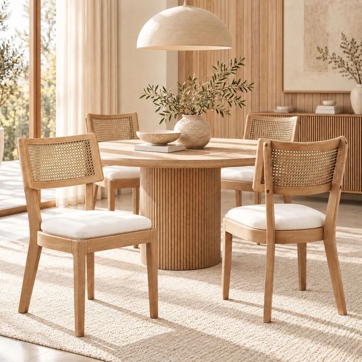 4 Esszimmerstühle aus Massivholz mit Rattan-Rückenlehnen, bequem und atmungsaktiv, geeignet für Esszimmer, Wohnzimmer, Cafés, moderner Stil, Leinen, Holzfarbe – Bild 1