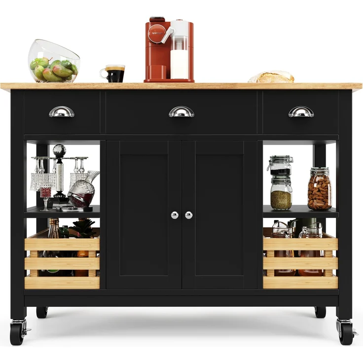 Kücheninsel 120 cm Schwarz & Natur, Küchenwagen mit klappbaren Seiten 73 cm, multifunktionaler mit Schublade und verstellbaren Ebenen – Bild 7