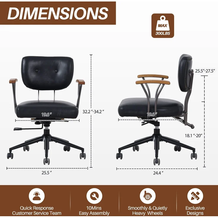 Bürostuhl aus Echtleder in Schwarz, ergonomisch, drehbar, höhenverstellbar, mit Rollen und Stahlrahmen, 1er-Set,H 82 x T 63 x B 51 cm – Bild 5