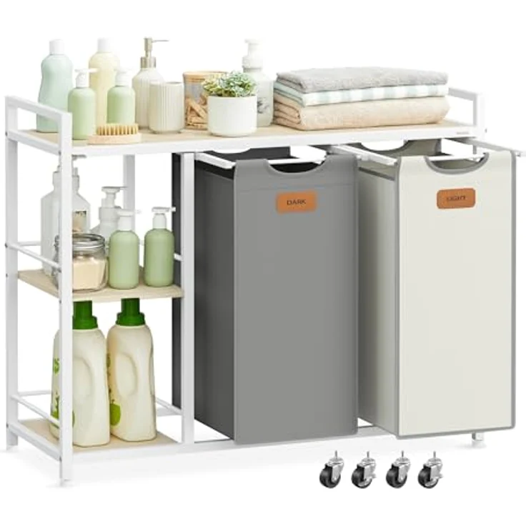 VASAGLE Wäschekorb 2 Fächer, Wäschesammler 100 L, Wäschesortierer, Rollen, Wäschewagen mit Ablagen, Wäschesack, mit abnehmbaren Taschen, 6 Etiketten, naturbeige-taubengrau-cremeweiß – Bild 2