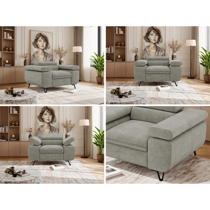 Einzelsessel, Polstersessel PETER mit verstellbaren Armlehnen und Kopfstütze, 1-Sitzer Sofa, Ohrensessel, Wellenfeder - Grau Stukture – Bild 2