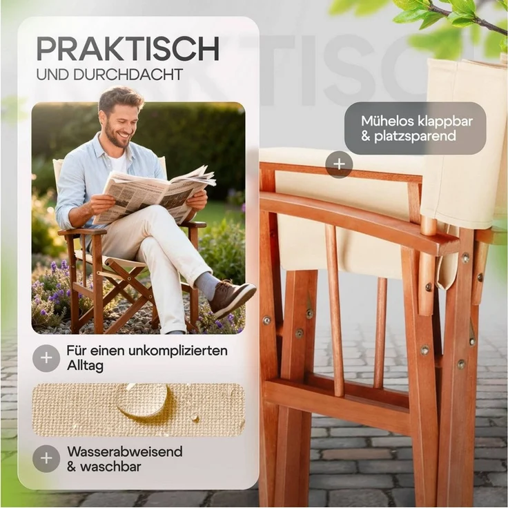 CASARIA® 2er Set Regiestuhl aus FSC® Eukalyptusholz Creme – Bild 4