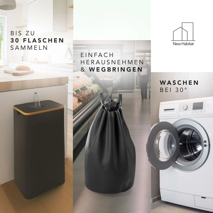 NewHabitat Pfandflaschen Sammelbehälter 70 × 40 × 33 cm – 100 L Recyclingbehälter mit Bambusdeckel & waschbarer Tragetasche für 30–40 Flaschen – Bild 5