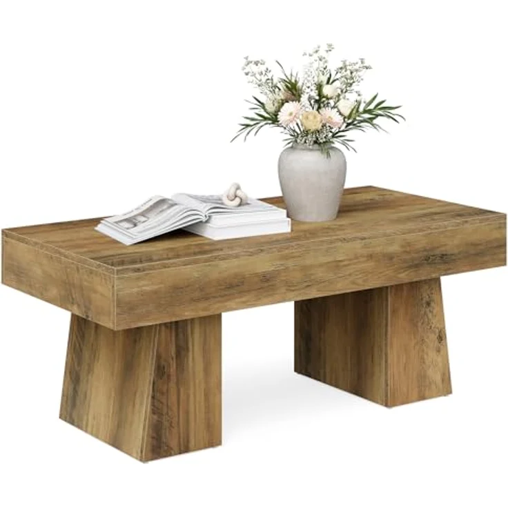 LITTLE TREE Farmhouse Couchtisch, 120 cm, rechteckiger Beistelltisch aus Holz mit massivem Sockel, Moderne niedrige Cocktail- und Teetisch-Möbel für das Wohnzimmer (rustikales Braun) – Bild 9