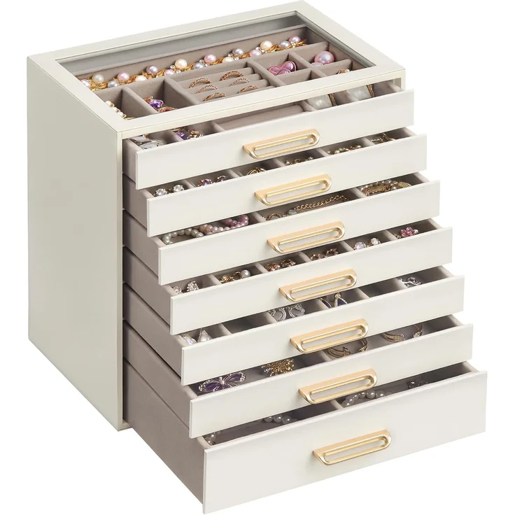 SONGMICS Schmuckkästchen mit 7 Ebenen und Glasdeckel, Schmuck-Organizer mit Schubladen, 24 x 17,2 x 24 cm, Weiß – Bild 1
