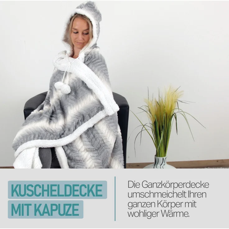 Bestlivings Kuscheldecke mit Kapuze 130 x 180 cm in Hellgrau für Kinder und Erwachsene, TV-Decke, Sherpa Decke in Felloptik – Bild 7