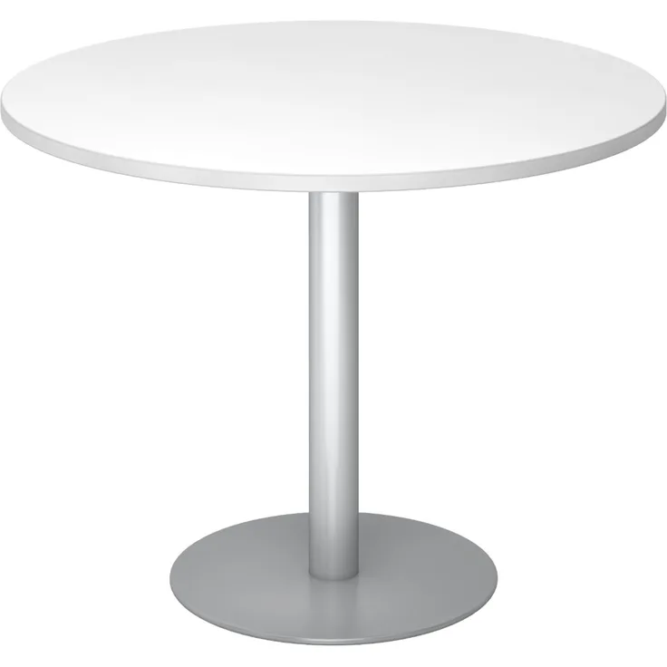 bümö Besprechungstisch, Esstisch klein, Tisch rund 100 cm - kleiner Esstisch weiß, Rundtisch Esstisch 2 Personen mit Holz-Platte, Säule aus Metall in silber, Konferenztisch, Bistrotisch, STF10-W-S