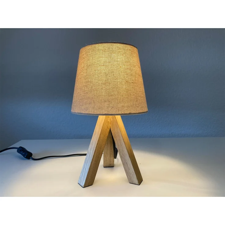 Tischlampe mit Dreibein aus Holz, Stoffschirm Creme Weiß, Höhe 27cm – Bild 3