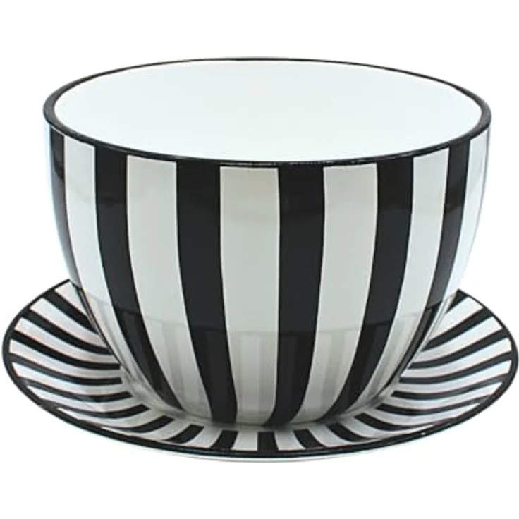 Dekohelden24 Blumentopf, Pflanztasse, Pflanzkübel, Pflanzgefäß, Blumenkübel, Pflanztopf. Übertopf als Tasse mit Griff aus Keramik, Motiv: Schwarz-Weiß-Gestreift, L/B/H 25 x 23 x 14 cm. – Bild 6