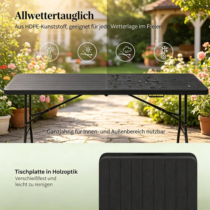 Klapptisch 180 x 74 x 70 cm in Schwarz – faltbarer Gartentisch aus HDPE und Metall für 8 Personen – Bild 7