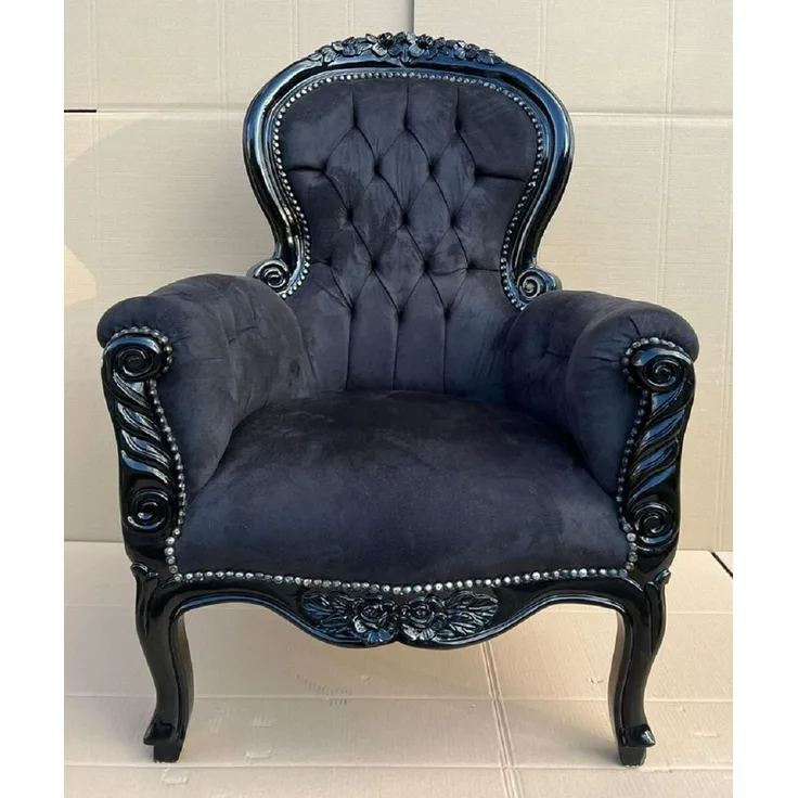 Casa Padrino Barock Samt Sessel Schwarz - Prunkvoller Massivholz Wohnzimmer Sessel - Antik Stil Wohnzimmer Sessel - Barock Wohnzimmer Möbel