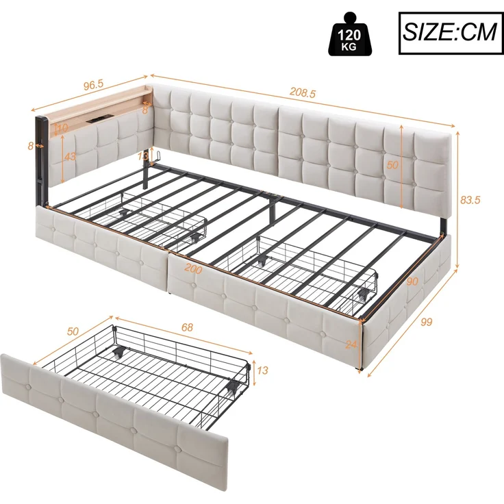 90 X 200 Gepolstertes Schlafsofa, Polsterbett mit 2 Schubladen und LED-Nachttischlampe, USB- und Typ-C-Anschluss, multifunktionales Kinder-Bootsbett, Schlafsofa Einzelbett Beige – Bild 10