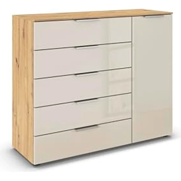 Rauch Möbel Flipp, Kommode für Schlafzimmer, Kinderzimmer, Wohnzimmer, Jugendzimmer, Flur, Garderobe, 1-türig, 5 Schubladen, mit Softclose-Funktion, Farbe Eiche Artisan, Holz/Glas Beige, Breite 120 cm – Bild 2