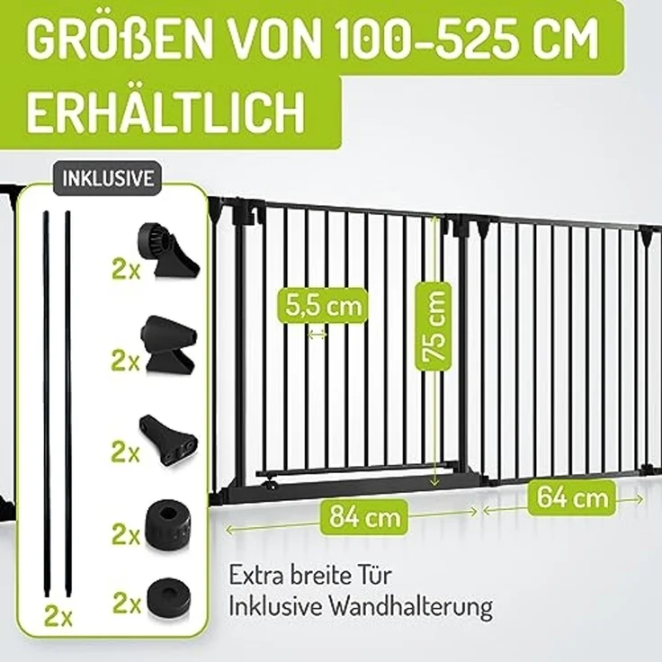 BOMI Türschutzgitter Absperrgitter Milo 100–525 cm, Raumtrenner, Laufstall Metall (sicherheitsgeprüftes Gitter, flexibel & erweiterbar), Schutzgitter Baby zum Anschrauben oder Aufstellen, Schwarz – Bild 2