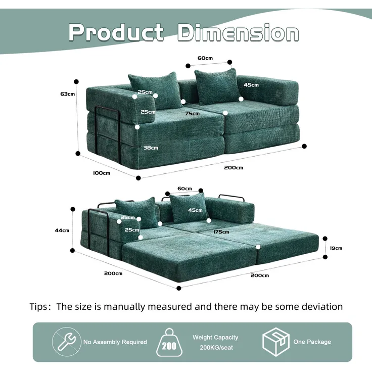 Wohnora-Compression Sofa,Convertible Floor Sofa Bed with Fixed-Shape Frame, Loveseats Boneless Modular Sectional Sofa,No Assembly Required,Chenille fabric,for Living Room Bedroom,Dark Green,H 63cm x T 200cm x B 100cm,Dunkelgrün