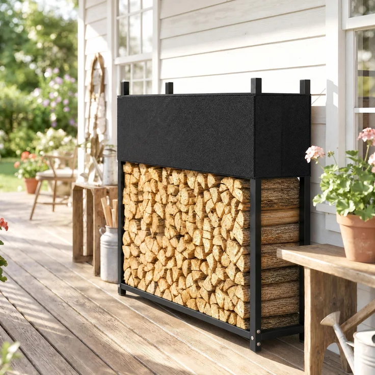 Outsunny Kaminholzregal, Verzinkter Stahl, Schwarz, 106L x 25B x 113H cm – Bild 9
