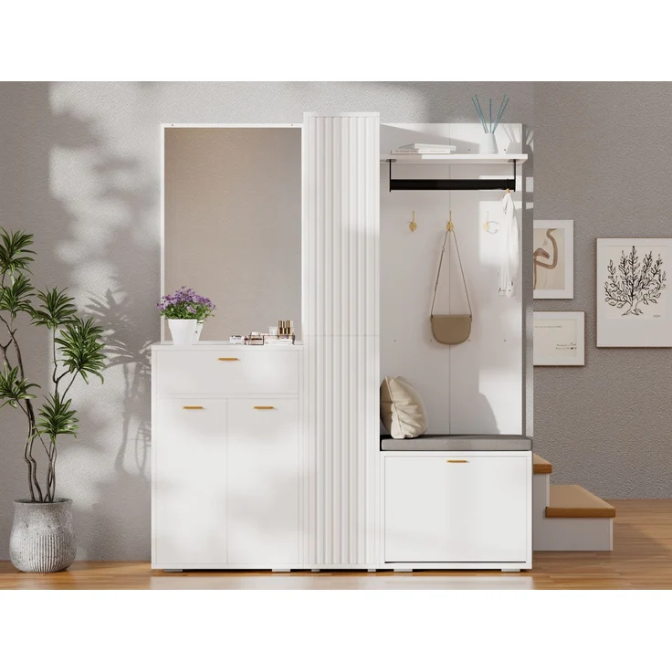 CHICFURN Schrank 150x180x36 cm mit Spiegel, Sitzbank und Schuh-Kippfach – Weiß – Bild 2
