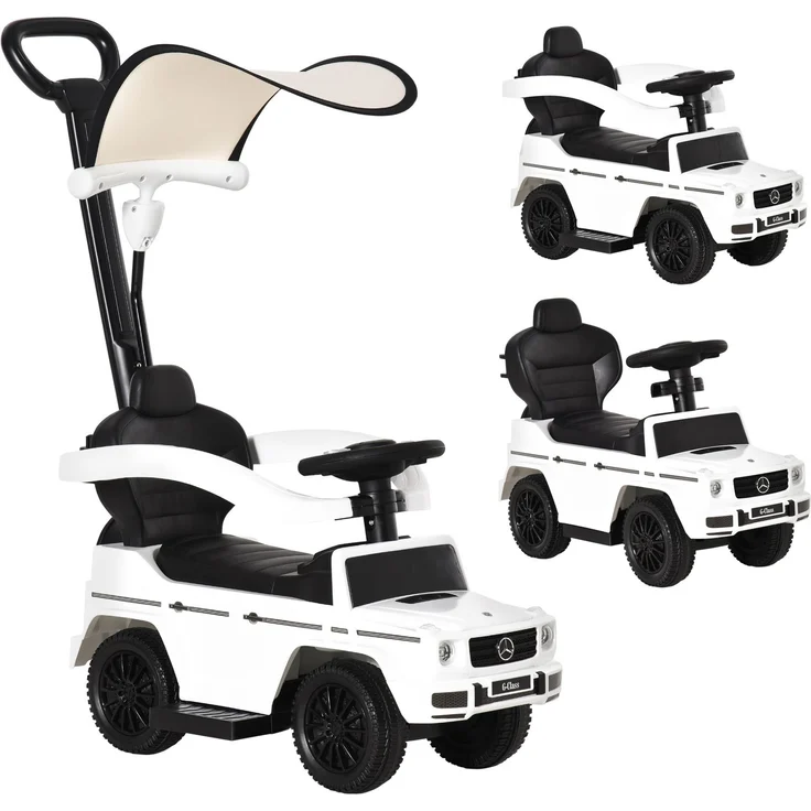Schiebewagen für Kinder von 12 bis 36 Monaten mit Mercedes-Lizenz, Verdeck und Schiebegriff, 85,5 x 40,5 x 95 cm, Weiß – Bild 2