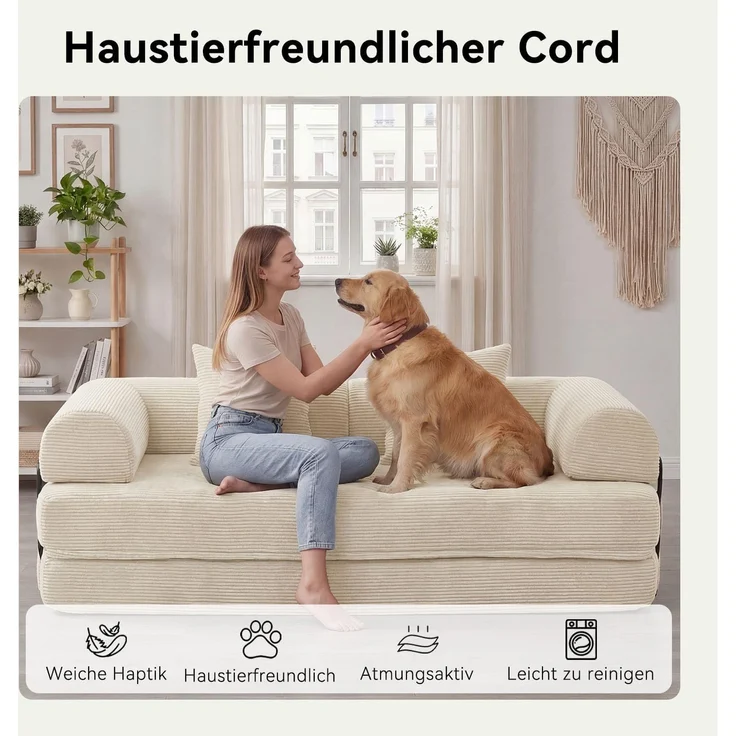 Aoxun Kordstoff Schlafsofa 200×97×70cm, 5-in-1 Umwandelbares Bodensofa, Hochdichter Schaumstoff, Haustierfreundlich, Keine Montage, Weiß – Bild 4