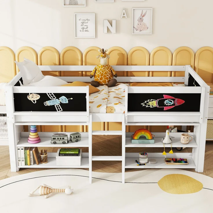 Kinder Halbhohes Bett 90x200 cm mit Aufbewahrungsfächern,Sicherheitsgeländer,stabile Leiter, Zeichentafel,multifunktionales Hochbett – Bild 4