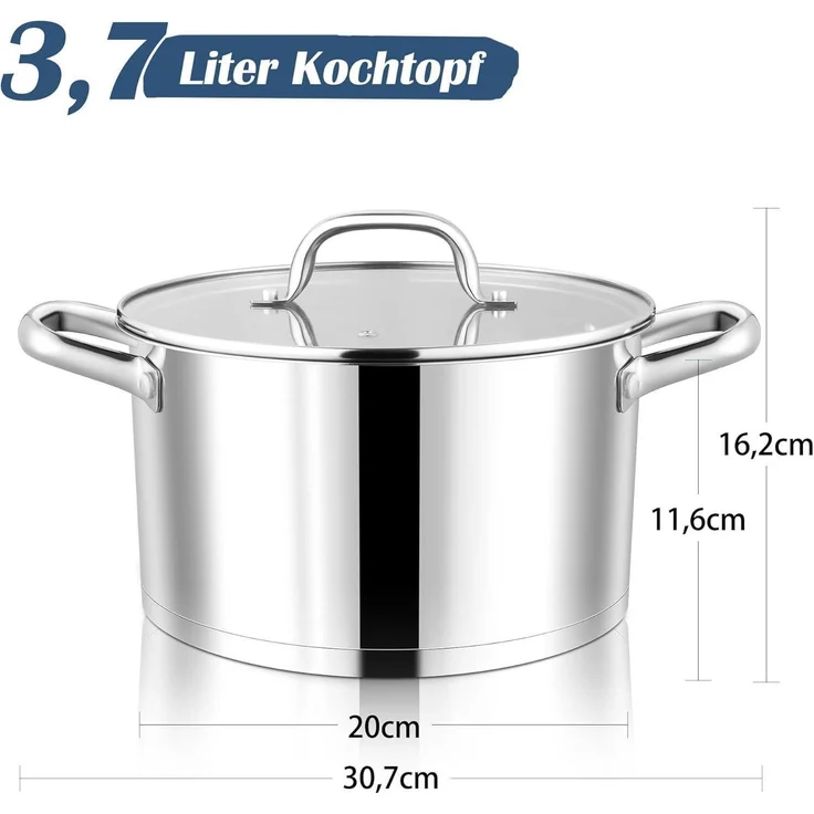 Joyfair 20cm 3-Lagiger Edelstahl Kochtopf mit Glasdeckel 3,3L Induktion – Bild 2