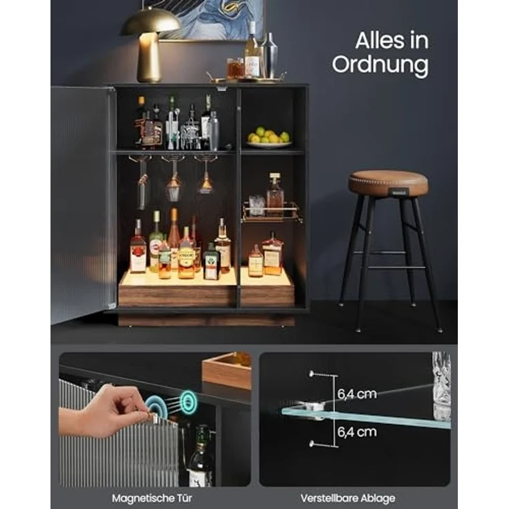 VASAGLE Weinschrank mit Beleuchtung, Sideboard mit LED, Küchenschrank für Weinflaschen, Barschrank mit Weinglashalter, geriffelte Glastür, für Wohnzimmer, ebenholzschwarz BBK361B21 – Bild 5