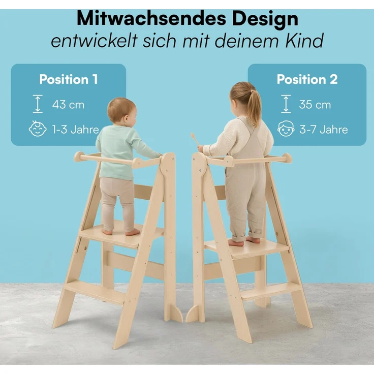 Bellabino 'Tay' Lernturm für Kinder ab 1 Jahr, Tritt 2-fach höhenverstellbar, natur, Birke Sperrholz, klappbar, Tritthocker bis 50 kg belastbar – Bild 4