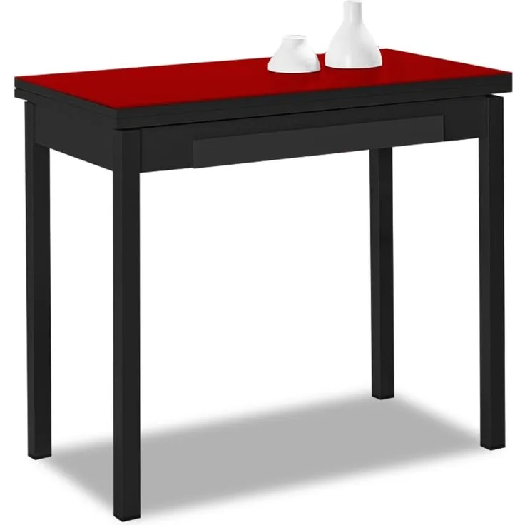 ASTIMESA - Küchentisch mit Schublade - Tisch mit Glasplatte in Rot - Minimalistisch - Gestell aus schwarzem Laminat - Ausziehtisch von 80x40 cm bis 80x80 cm