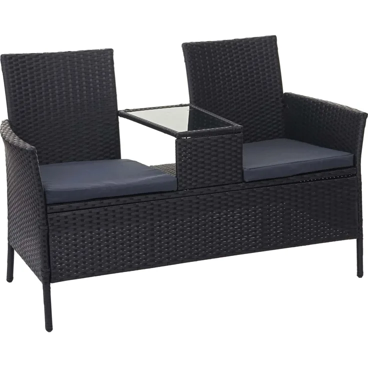 MCW Poly-Rattan Sitzbank mit Tisch E24, Schwarz mit dunkelgrauen Kissen, wasserabweisend, inkl. Glasplatte und Armlehnen