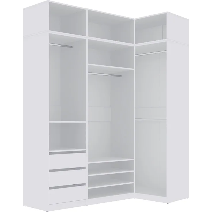 Marmex Möbel Tres Set-L/N (B) Eckkleiderschrank mit Schubladen ohne Türen, Einbauschrank über Eck mit Regalen und Kleiderstangen, laminierte Spanplatte, weiß 111/180x246x51 cm