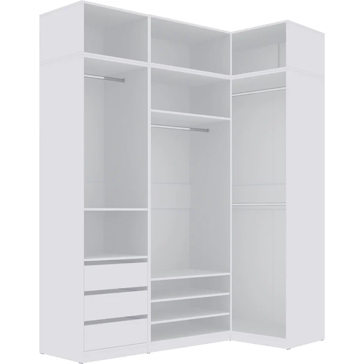 Marmex Möbel Tres Set-L/N (B) Eckkleiderschrank mit Schubladen ohne Türen, Einbauschrank über Eck mit Regalen und Kleiderstangen, laminierte Spanplatte, weiß 111/180x246x51 cm – Bild 1