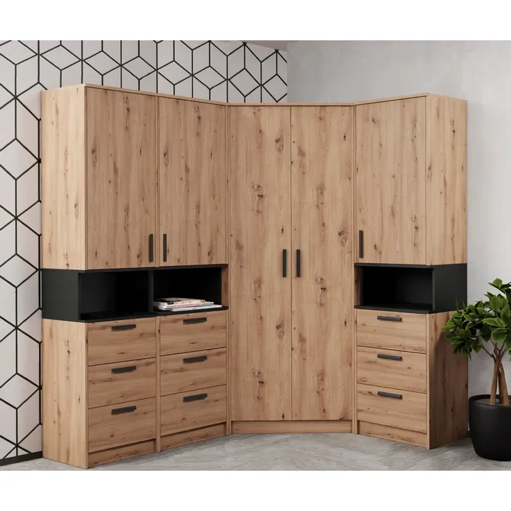 Marmex Möbel Grant Set-42A Eckschrank Kombination – Moderner Schlafzimmerschrank, laminierte Spanplatte, artisan Eiche + schwarz, 143/195x195x40 cm
