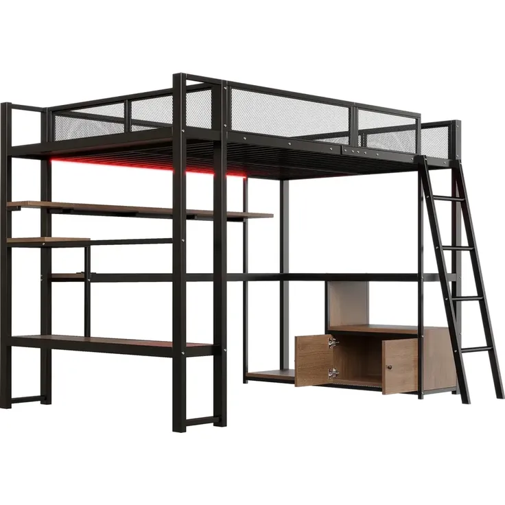 Hochbett mit Eckschreibtisch, LED-Streifen, PC-Ständer, Steckdose, USB, Rausfallschutz, Regal, Schrank, 140x200cm, Kinderbett, Jugendbett, Metallbett – Bild 7