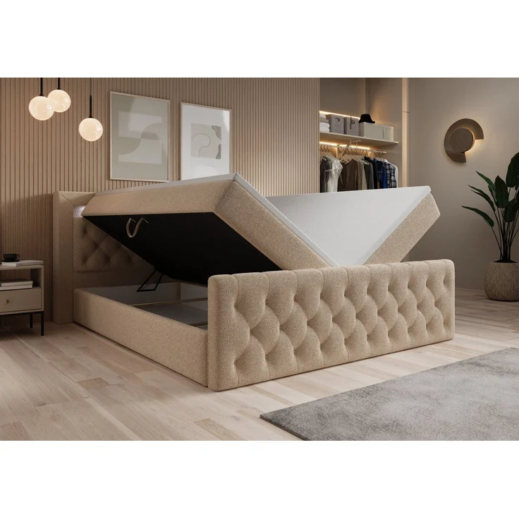 thematys Boxbett LED mit Bettkasten 180x200cm, mit Bonnellfederkernmatratze H3, Bouclé/Velours, mit Stauraum, mit 3 cm Topper, Kreme (Quelle 02), Art.-Nr. S04JN0YRO2A – Bild 2
