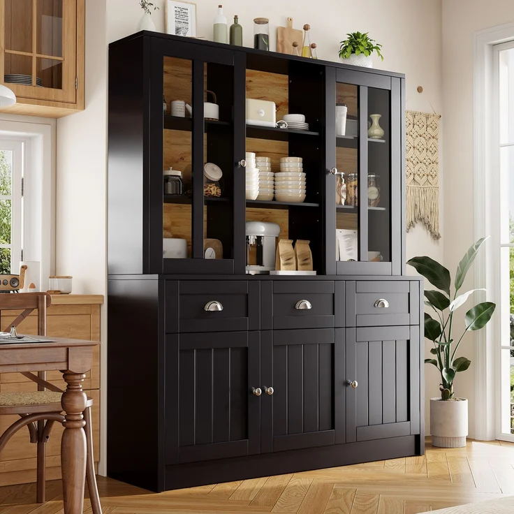 Hochschränke fürs Wohnzimmer(140×38.5×175cm), Vitrinenschrank,Küchenschrank,Esszimmerschrank mit Schubladen, Moderner Minimalistischer Hochschrank, Standvitrine für Küche Wohnzimmer Esszimmer, Schwarz--Schwarz--140x38.5x175cm--YOUDENOVA – Bild 1