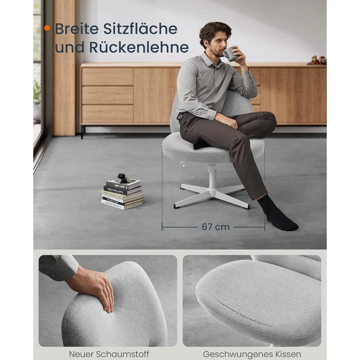 SONGMICS HOME Schneidersitz Stuhl, Schminkstuhl, Drehstuhl ohne Armlehnen, Schreibtischstuhl, breite Sitzfläche, modern, mit Kreuzfuß, höhenverstellbar, Wippfunktion, Taubengrau OBG046G01 – Bild 4