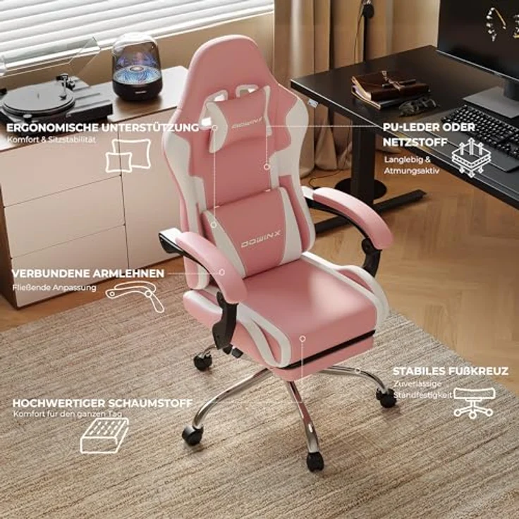 Dowinx Gaming Stuhl, Ergonomischer Gamer Stuhl für Büro und Home Office, Verstellbarer Bürostuhl mit Rückenlehne bis 150°, mit Fußstütze, Belastbar bis 180 kg, Rosa – Bild 6