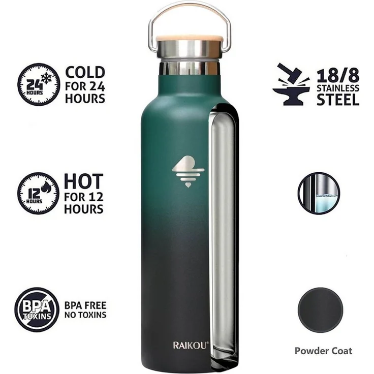RAIKOU Isolierflasche Edelstahl Trinkflasche Vakuumisolierte Wasserflasche Thermoflasche, bis zu 12H heiß / 24H kalt,mit 2 Deckel,350ml/500ml/750ml/1000ml – Bild 3